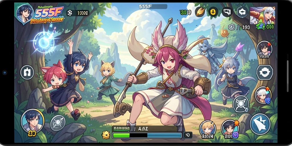 Screenshot gameplay 555F menampilkan aksi karakter Anime yang dinamis.
