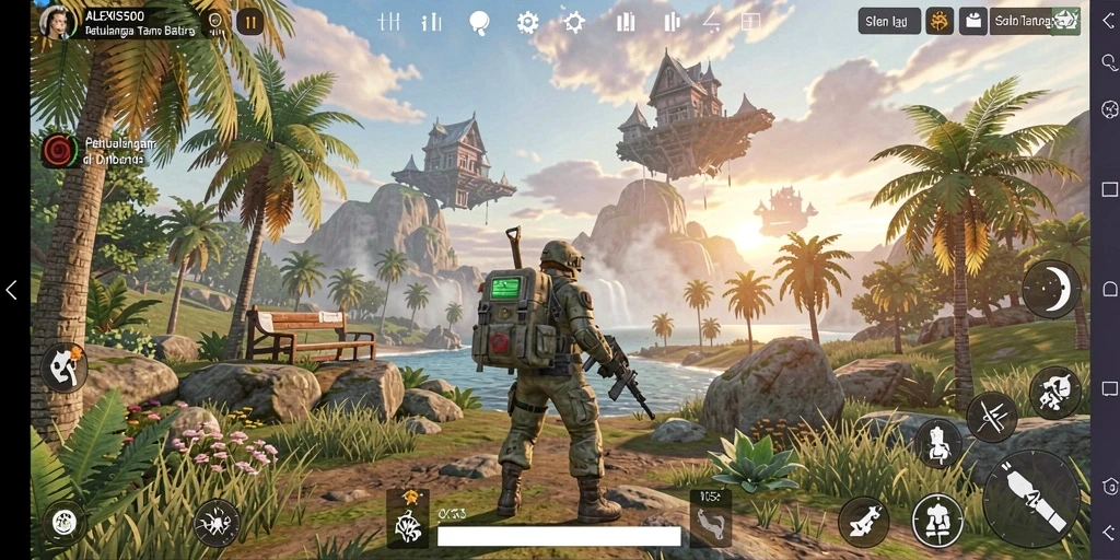 Screenshot gameplay ALEXIS500 yang menampilkan eksplorasi dunia terbuka.