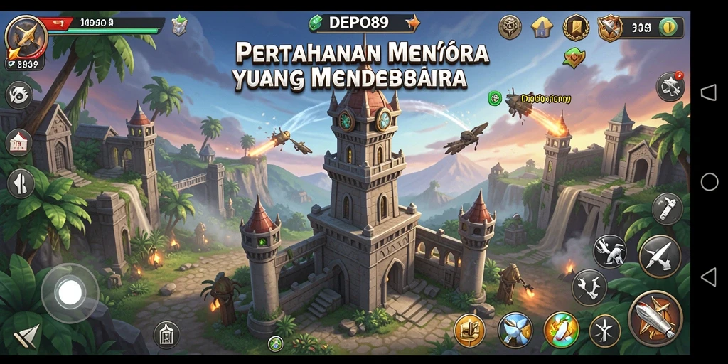 Tampilan gameplay DEPO89 yang memukau dengan menara bertahan.