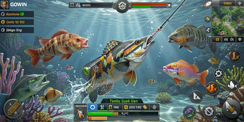 Menampilkan gameplay GOWIN yang mengasyikkan saat menembak ikan.