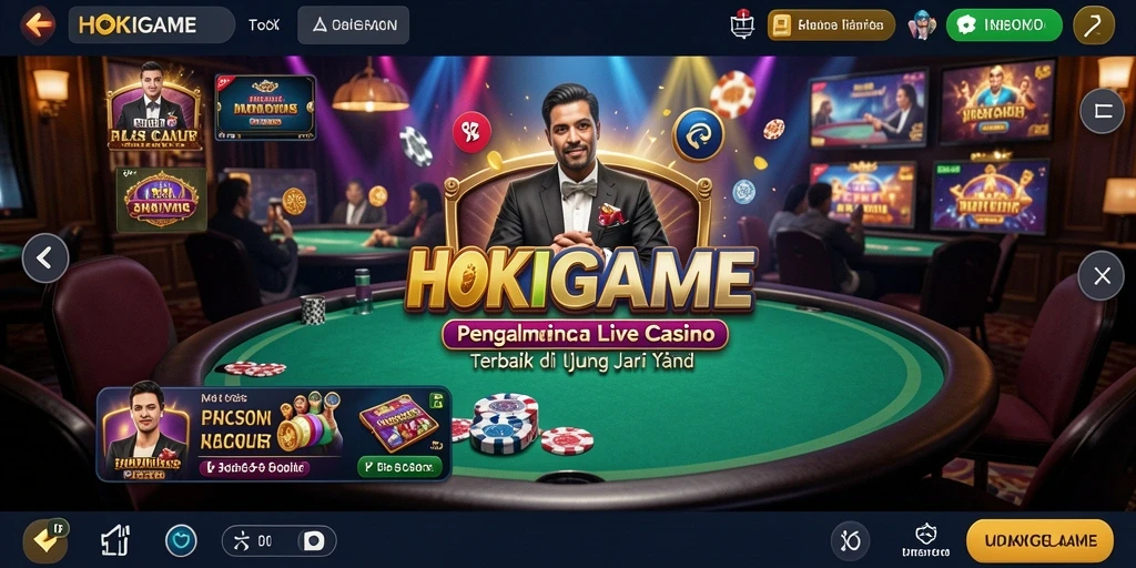 Screenshot gameplay HOKIGAME menampilkan dealer langsung dan suasana kasino yang autentik.
