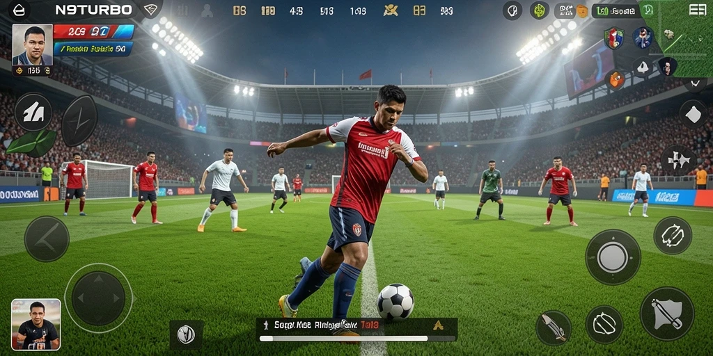 Screenshot gameplay N9TURBO menampilkan aksi sepatu bola yang mendebarkan.