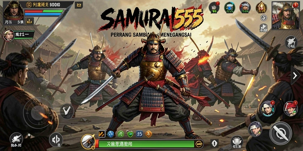 Tampilan gameplay mendebarkan di SAMURAI555 dengan pertempuran samurai.