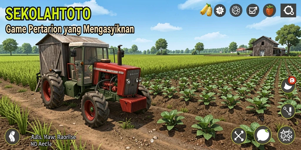 Tampilan gameplay SEKOLAHTOTO dengan lahan pertanian yang subur dan hewan ternak.