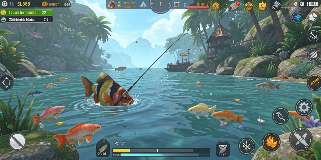Tampilan gameplay SL888 yang seru saat memancing di lokasi tropis.