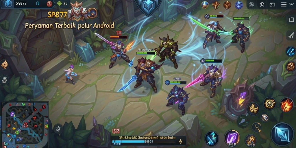 Tangkapan layar gameplay SR877 menampilkan pertarungan tim yang seru di arena MOBA.